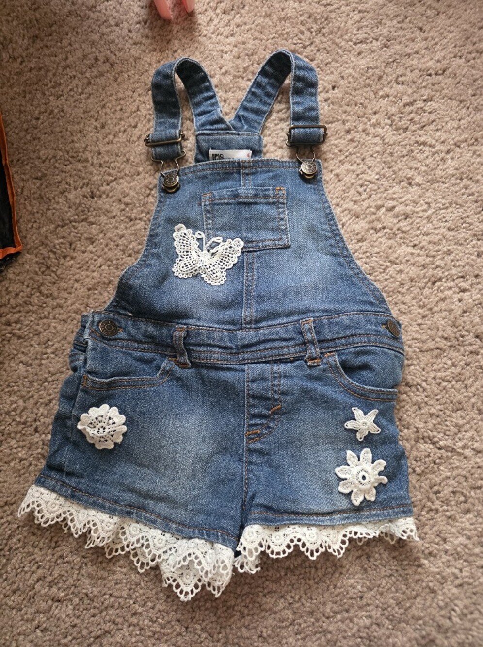 Denim Overall Dress with White Crochet Appliqués